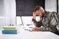 Sad Frustrated Military Veteran Student Doing Test