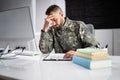 Sad Frustrated Military Veteran Student Doing Test