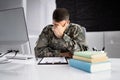 Sad Frustrated Military Veteran Student Doing Test