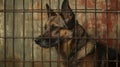 Sad German Shepherd Dog Behind Rusty Cage Bars Royalty Free Stock Photo