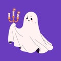 Sad ghost hold candelabra. Cute spook carry candle with fire, flame. Scared spirit with candlestick. Friendly phantom