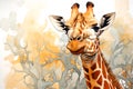 Sad Giraffe head watercolor illustration on light colored background. Realistic aquarelle giraffe\'s head painting on