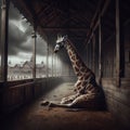 Sad giraffe sits in a rundown Victorian zoo
