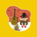 Sad girl with acoustic guitar and brick wall background design vector illustration Royalty Free Stock Photo