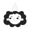 Sad girl birthday hat black and white 2D vector avatar illustration Royalty Free Stock Photo