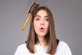 Sad girl with damaged hair. Haircare problem. Woman with hair loss problem. Portrait of young woman with a damaged bad Royalty Free Stock Photo