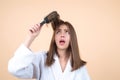 Sad girl with damaged hair. Haircare problem. Woman with hair loss problem. Portrait of young woman with a damaged bad Royalty Free Stock Photo