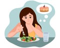 A sad girl eats a salad and dreams of a cake. The concept of dietetics and healthy eating. Illustration,vector