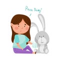 Sad Girl Feeling Pity about Fluffy Hare Toy with Bandaged Paw Vector Illustration Royalty Free Stock Photo