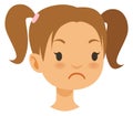 Sad girl head. Cartoon unhappy kid portrait