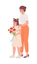 Sad girl holding bouquet with mother semi flat color vector characters