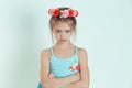 Sad girl looking at camera with arms crossed, folded hands Royalty Free Stock Photo