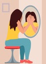 Sad girl looks in the mirror. Flat vector cartoon illustration. Illustration of a teenage girl looking at a mirror