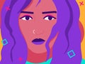 sad girl with a pierced nose, long hair. Face close-up. Illustration on a colored background. Pop Art