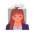 Sad girl with rain clouds above head, depressed lonely teenager with grief, loneliness