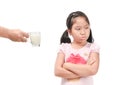 Sad girl refuses drink a fresh milk isolated Royalty Free Stock Photo