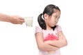 Sad girl refuses drink a fresh milk isolated Royalty Free Stock Photo