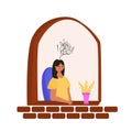 Sad girl sitting in front of window illustration. Flat design of Depressed women illustration character Royalty Free Stock Photo