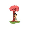 Sad girl standing under the tree cartoon illustration Royalty Free Stock Photo