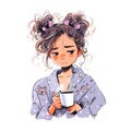 Sad Girl wearing pyjama with cup of coffee. Vector illustration