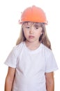 The sad girl in a white undershirt and an orange helmet Royalty Free Stock Photo