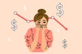 Sad girl worry about money. Lost money concept. Going Down Statistics. Vector illustration in cartoon style