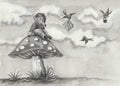 Sad Gnome on a mushroom, handpainted black and white watercolor childrens illustration
