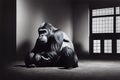 Sad gorilla sitting in a cage, endangered species and wildlife, studio setting, silverback animal illustration