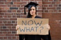 Sad Graduate Student Standing With Now What Placard Royalty Free Stock Photo