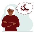 Sad grandma thinks, dreams with gears concept. Grandmother is thinking about solving the problem. Balloon with the image