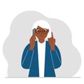 Sad grandmother talking on a cell phone with emotions. One hand with the phone the other with a forefinger up gesture.