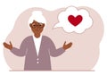 Sad grandmother thinks about love. In the balloon of thought is a red heart. Vector