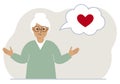 Sad grandmother thinks about love. In the balloon of thought is a red heart. Vector