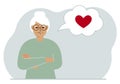 Sad grandmother thinks about love. In the balloon of thought is a red heart. Vector