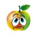 Sad green apple, caricature on a white background.