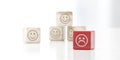 sad grieve icon on wood cube with smile emoticons in background 3d render illustration