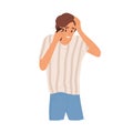Sad guy holding head having bad news talking use smartphone vector flat illustration. Unhappy man with sorrowful face