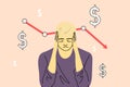 Sad guy worry about money. Lost money concept. Going Down Statistics. Vector illustration in cartoon style