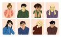 Sad guys and girls. People feels sadness, grief. Multinational humans. Set of vector illustrations