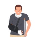 Sad and happy man with a broken arm and leg in a cast with a crutch and a fixing collar around his neck. Fracture limb. Injury Royalty Free Stock Photo