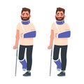 Sad and happy man with a broken arm and leg in a cast with a crutch and a fixing collar around his neck Royalty Free Stock Photo