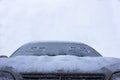 The sad and the happy smile on the snowy windshield of a car