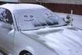 The sad and the happy smile on the snowy windshield of a car