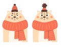Sad and happy winter cat character in knitted scarf and hat. Vector illustration. New Year and Christmas design, holiday Royalty Free Stock Photo