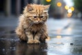 Sad homeless cat on the street under rain. Adopting an abandoned pet