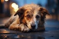 Sad homeless dog on the street under rain. Adopting an abandonded pet