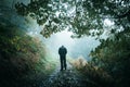 A sad hooded figure walking away from the camera on a misty woodland Royalty Free Stock Photo