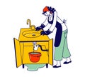 Sad Housewife in Apron and Gloves Need Plumbing Help Broken Sink Pipe Accident on Kitchen. Handyman Service Royalty Free Stock Photo