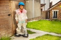 Sad hoverboard boy in overprotective bubble wrap Royalty Free Stock Photo