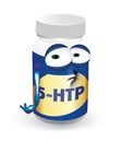 Sad 5-HTP, depressed pills bottle cartoon character illustration with unhappy eyes